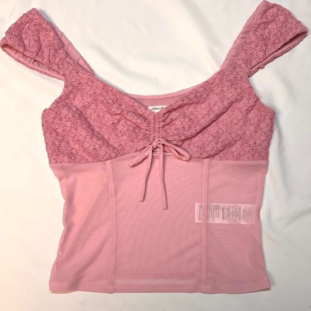 Sheer Floral Lace Baby Pink Kimchi Blue Corset Top w Bow Detail